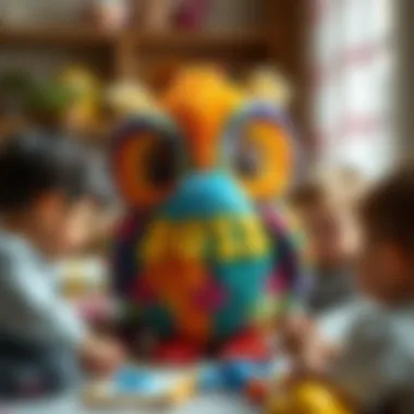A colorful plush owl surrounded by children playing imaginatively
