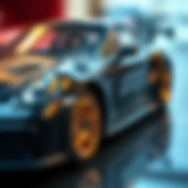 A detailed close-up of a diecast model car highlighting intricate designs