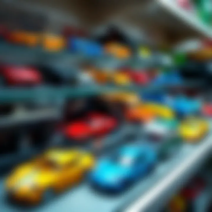 A diverse collection of diecast models displayed on a shelf
