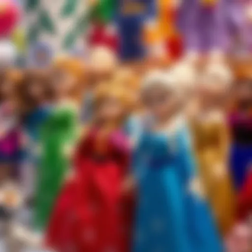 Colorful frozen dolls arranged in a creative display
