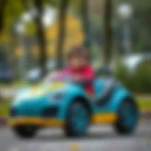 A child riding a colorful electric car in a park