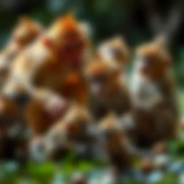 Various species of monkeys interacting with their young.