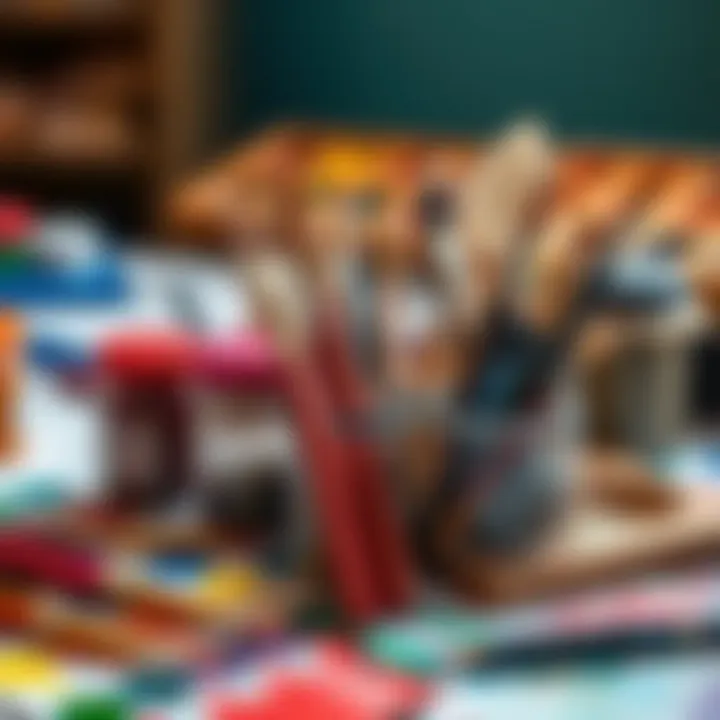 Colorful paints and brushes arranged artistically on a table