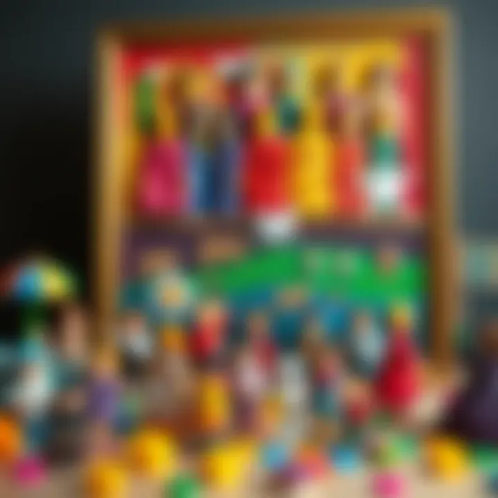 A vibrant painting showcasing various figures created by children