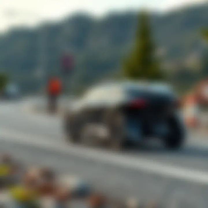 Futuristic electric vehicle on a scenic road