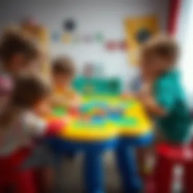 Children engaging around a colorful game table