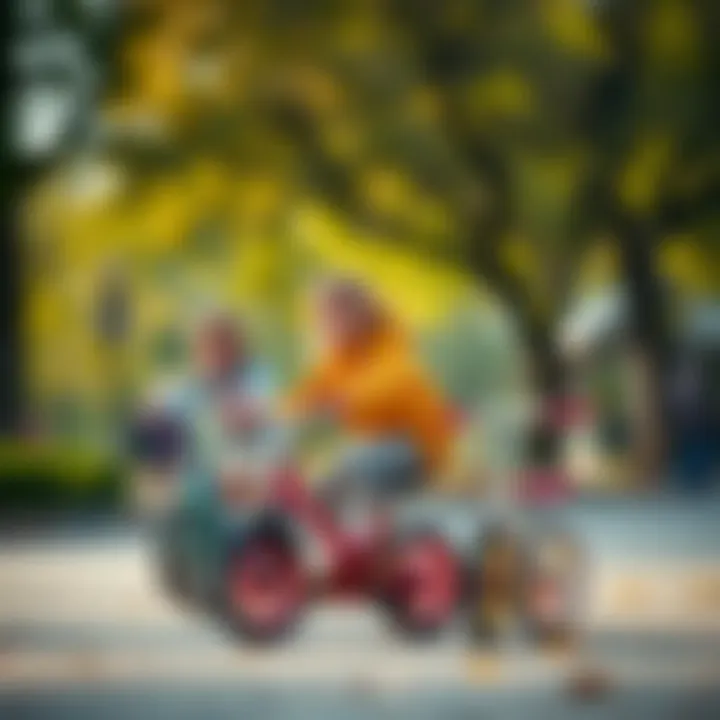 Parents supervising children on balance bikes