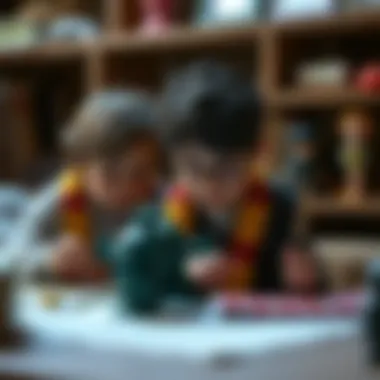 An artistic depiction of children engaging with toys inspired by the Chamber of Secrets, illustrating developmental benefits.