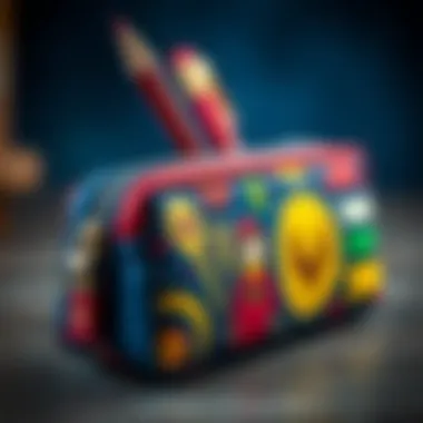 A close-up of a pencil case showcasing detailed Harry Potter designs and vibrant colors