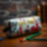 Illustration of a Harry Potter-themed pencil case featuring iconic characters and symbols