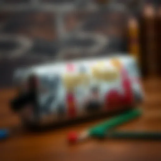 Illustration of a Harry Potter-themed pencil case featuring iconic characters and symbols