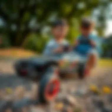 Children playing with remote control cars outdoors