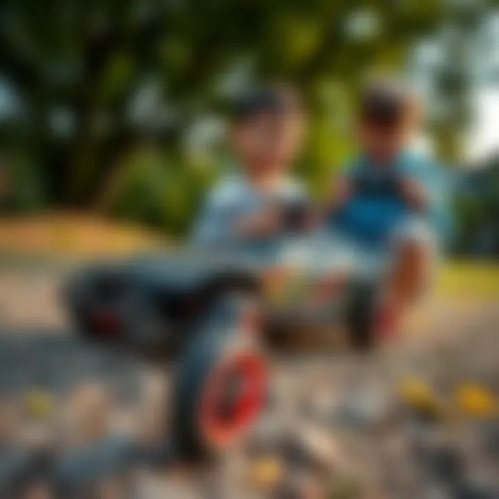 Children playing with remote control cars outdoors