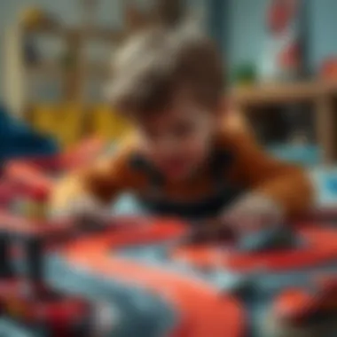 A child playing with Hot Wheels tracks