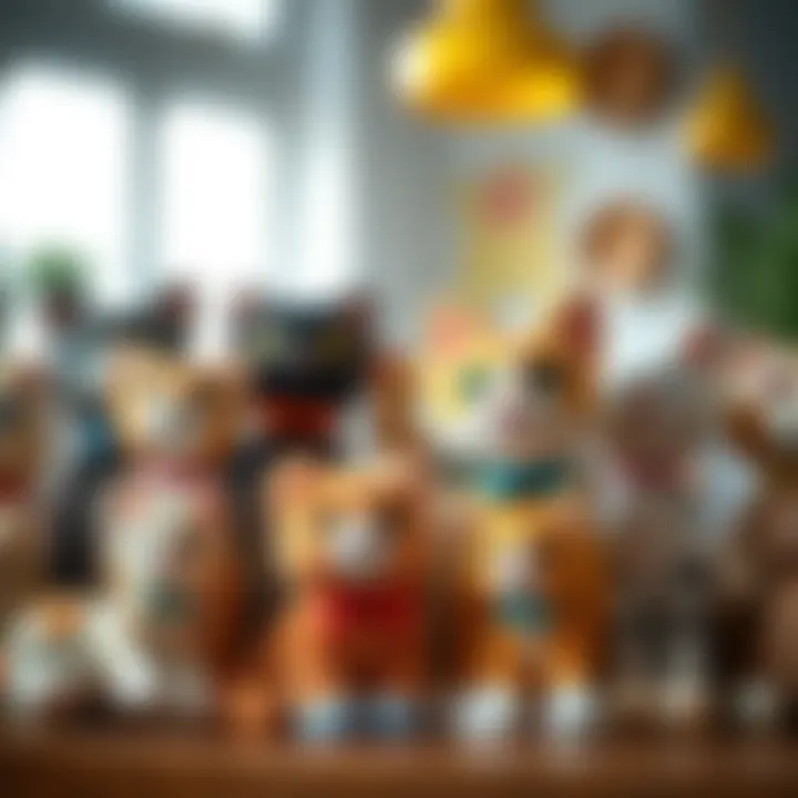 A collection of IKEA plush cats with varied designs and colors