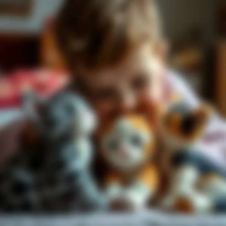 A child interacting with plush cats, showcasing emotional connection