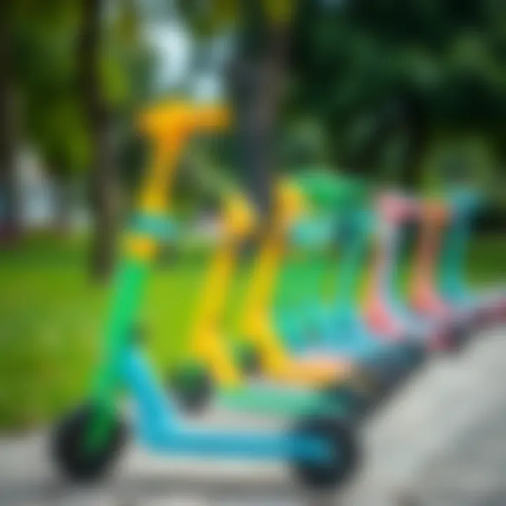 Colorful Inegol scooters lined up in a park.