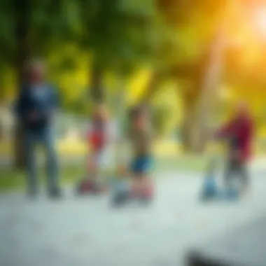 Parents supervising children on Inegol scooters at a park.