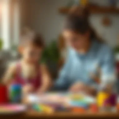 A parent assisting a child with painting