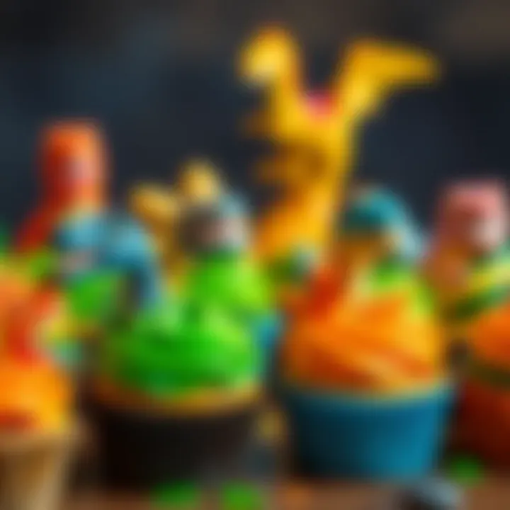 An array of colorful cupcakes inspired by Jurassic World characters.