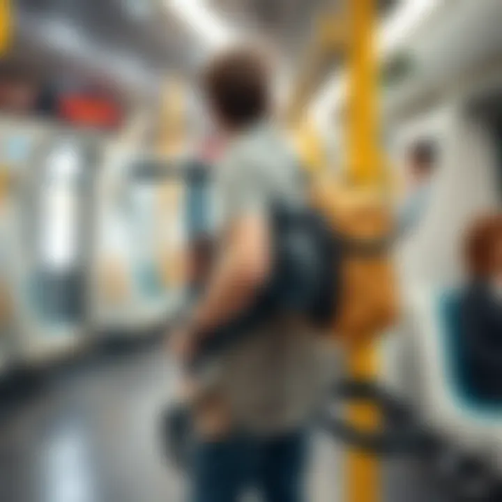 Carrying Folded Scooter on Public Transport An adult carrying a folded scooter on public transport.