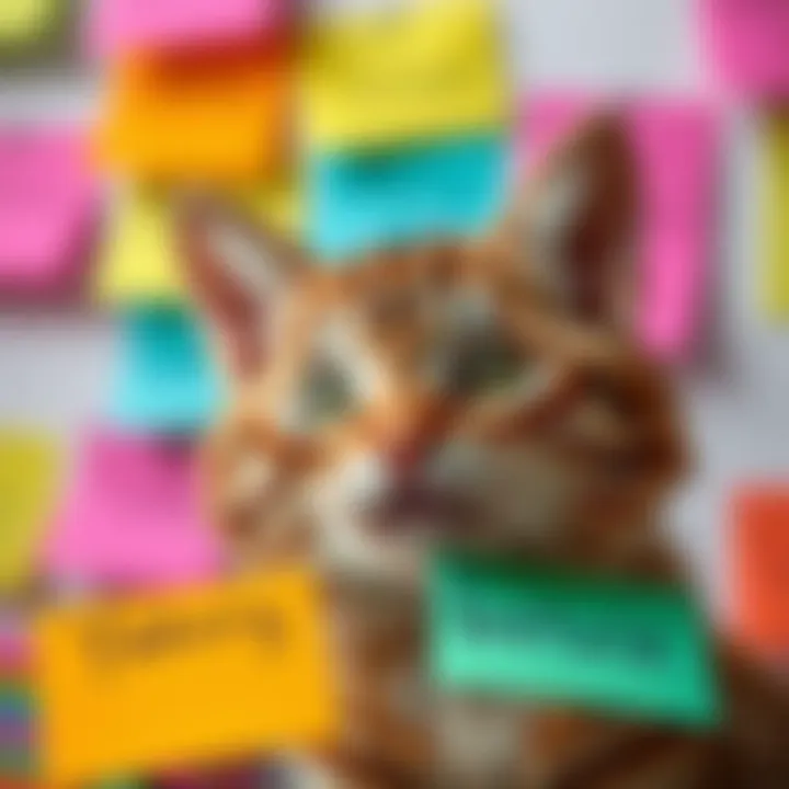 A creative selection of cat names written on colorful post-it notes