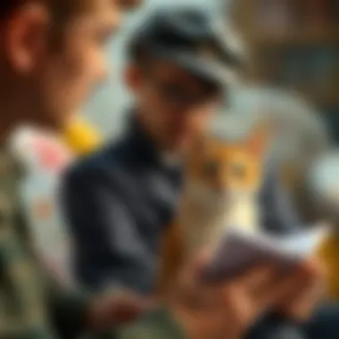 A thoughtful person considering different names for a cat with a notebook in hand