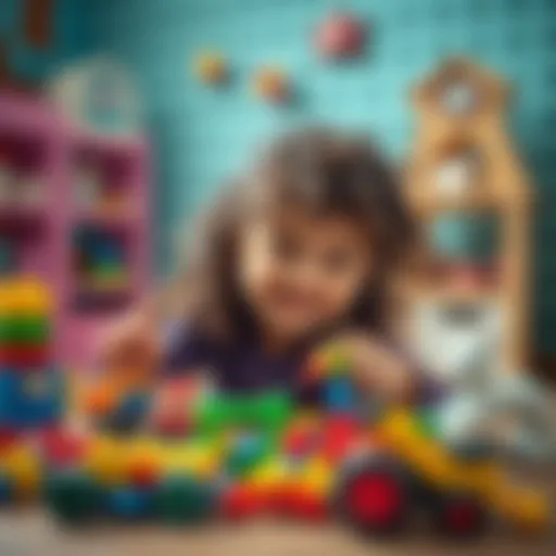 A joyful girl with curly hair playing with colorful toys