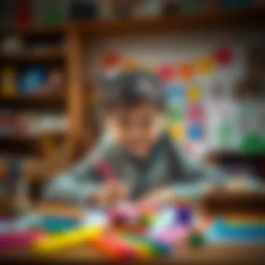 A girl joyfully engaged in drawing, surrounded by her colorful creations.