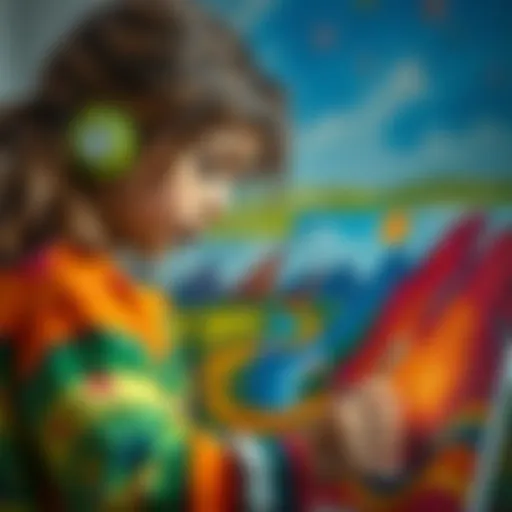 A young girl painting a colorful landscape on canvas, showcasing her imagination.