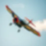 A vibrant remote control airplane soaring through a clear blue sky.