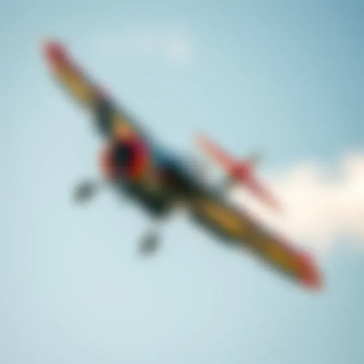 A vibrant remote control airplane soaring through a clear blue sky.