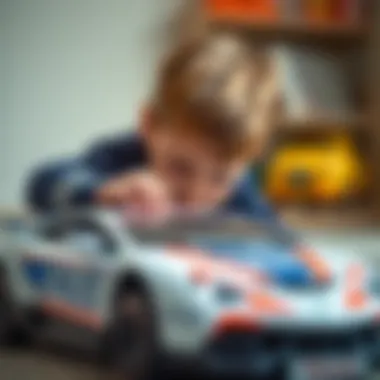 Child playing with a police-themed toy car