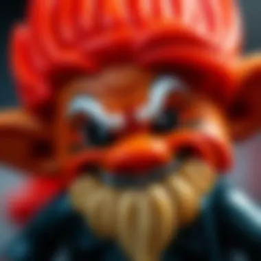 Close-up of a Lego Troll character with intricate design