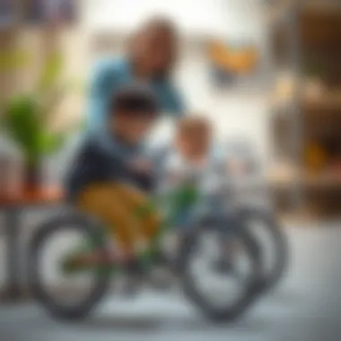 Parents engaging with children using model bicycles