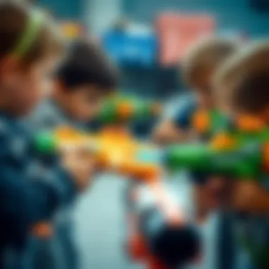 A group of children engaged in a strategic Nerf battle, emphasizing teamwork and fun
