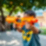 A child joyfully playing with a Nerf gun in a vibrant outdoor setting