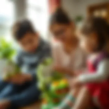 Parents and children exploring playful interactions with frog toys