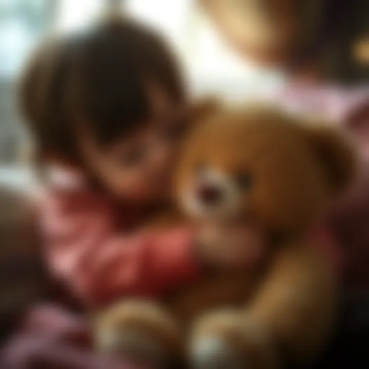 A child hugging a plush teddy bear in a cozy setting