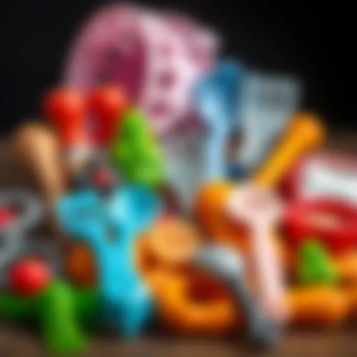 Assorted toy utensils in a playful arrangement