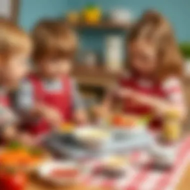 Children engaging in pretend cooking with toy food items