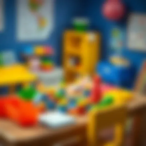 A vibrant play table set up with various toys and art supplies for children