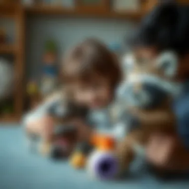 Parent and child enjoying time with raccoon toys