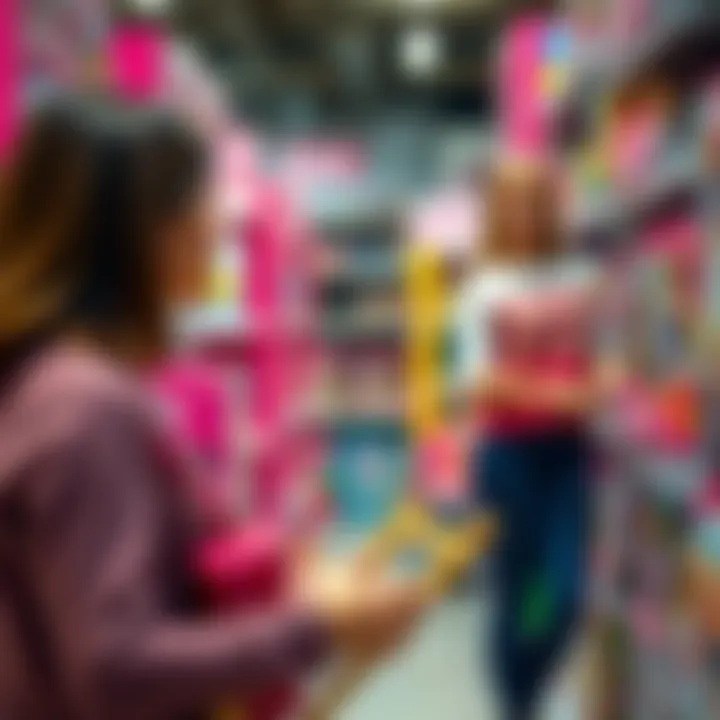 Informed Selection of Barbie Toys A parent selecting Barbie toys in a store, highlighting the importance of informed choices for children's play.