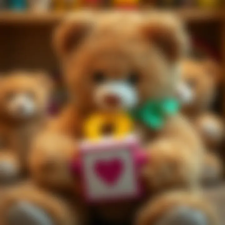 Parents selecting educational teddy bears for their children.