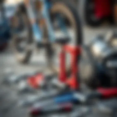 Maintenance tools spread out beside a parkour bicycle