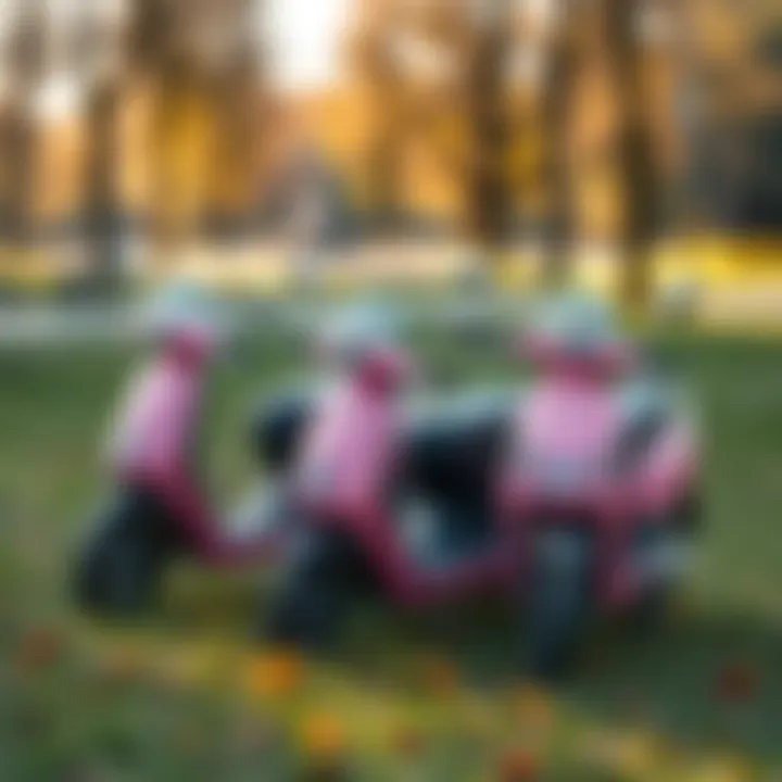 Group of pink electric scooters lined up in a park