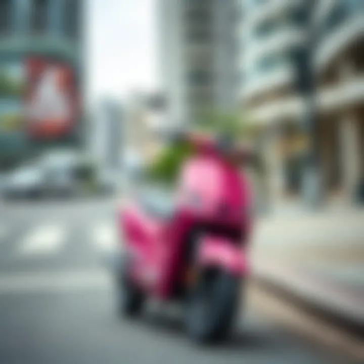 Vibrant pink electric scooter parked in an urban setting