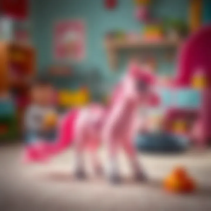 Children playing with a pink pony in a colorful room