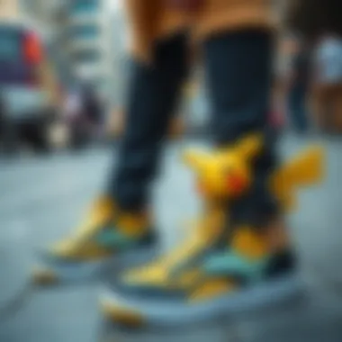 Stylish Urban Look with Pikachu Shoes An adult enthusiast showcasing Pikachu shoes in a stylish urban setting.